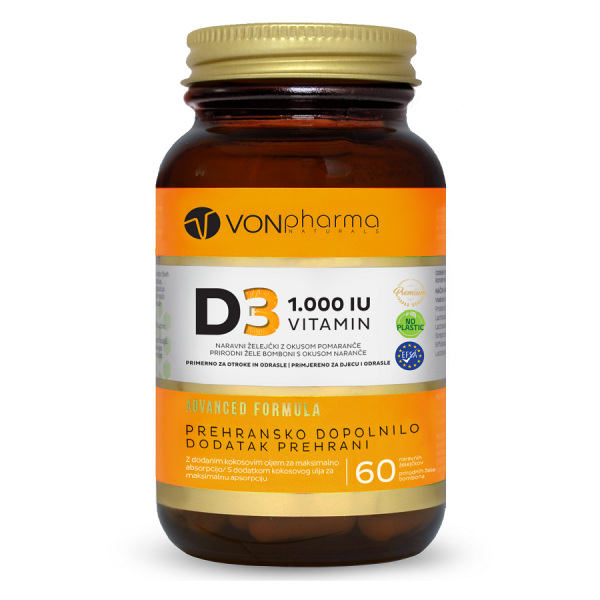 Vitamin D3 1.000 I.E. naravni zelejcki z okusom pomarance za otroke in odrasle VONpharma 60 zelejckov