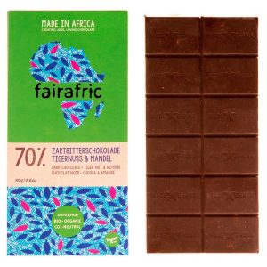 Temna cokolada 70 z zemeljskimi mandlji in mandlji Fairafric 80g 1